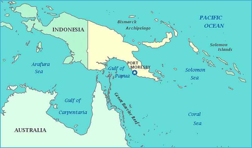 Map of Papua New Guinea, Indonesia, Australia, Coral Sea