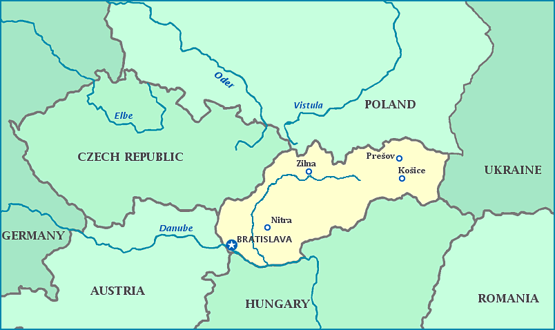 Map of Slovakia, Czech Republic, Poland, Ukraine, Hungary, Austria