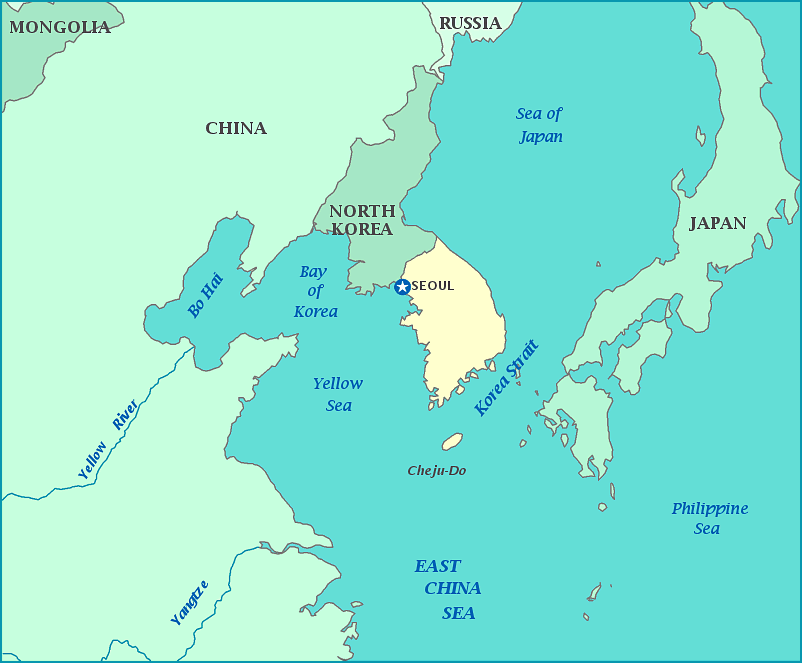 Map of South Korea, North Korea, Japan, China, Sea of Japan, Yellow Sea, Korea Strait