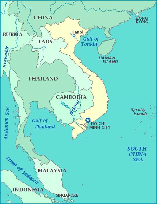 Map of Vietnam, China, Cambodia, Laos, Thailand, Burma, Malaysia, South China Sea