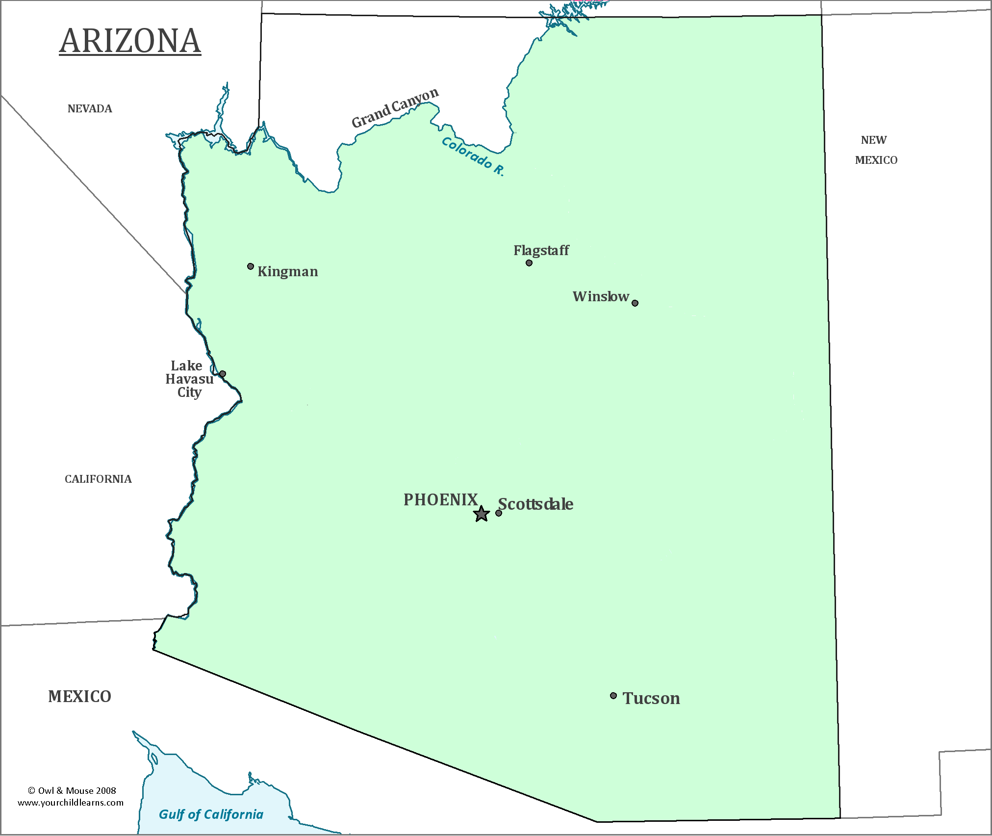 Map of Arizona, major cities, states and capitals