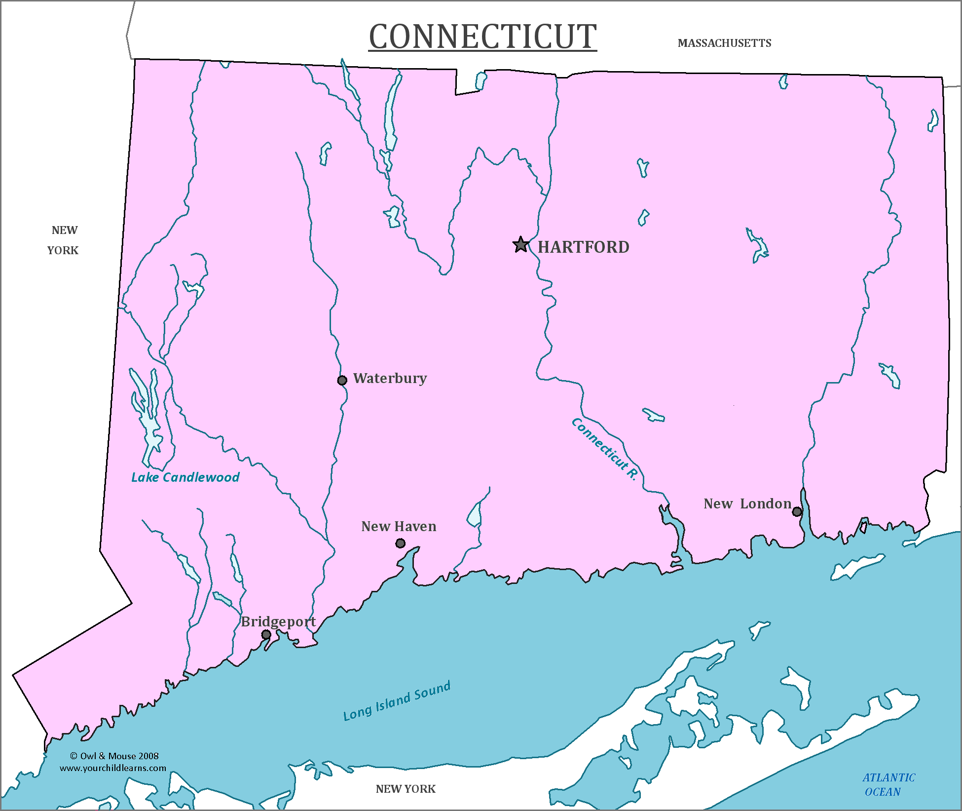 Map of Connecticut, major cities, states and capitals