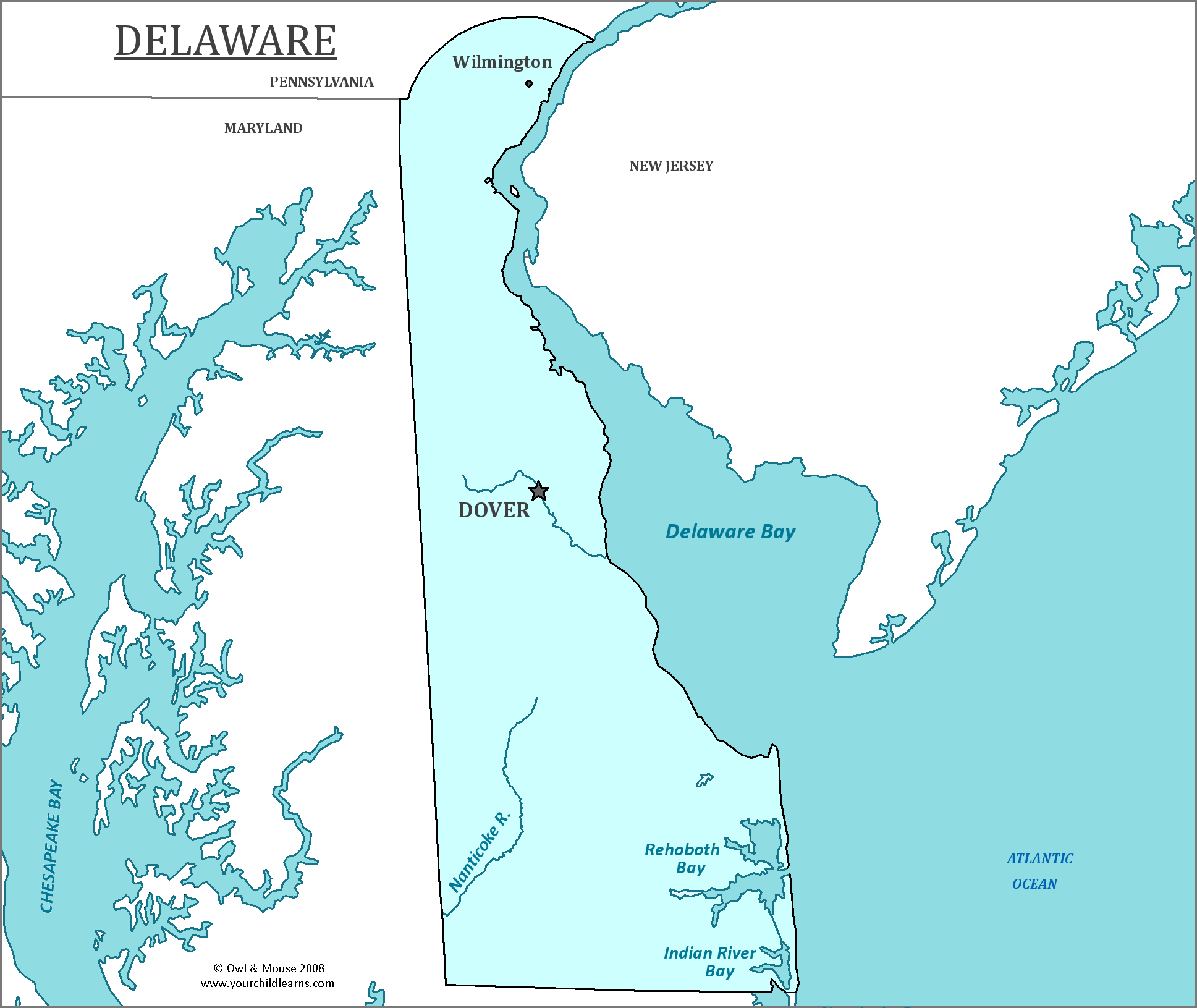 Map of Delaware, major cities, states and capitals
