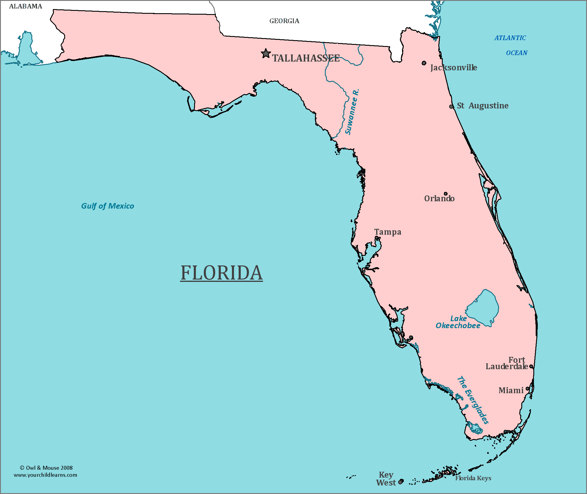 Map of Florida, major cities, states and capitals