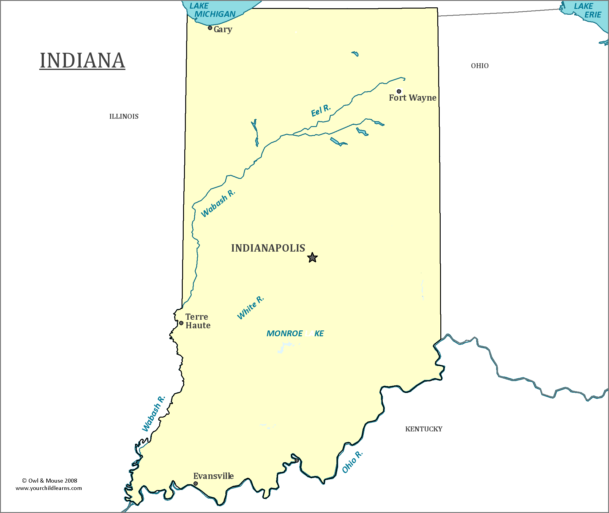 Map of Indiana, major cities, states and capitals