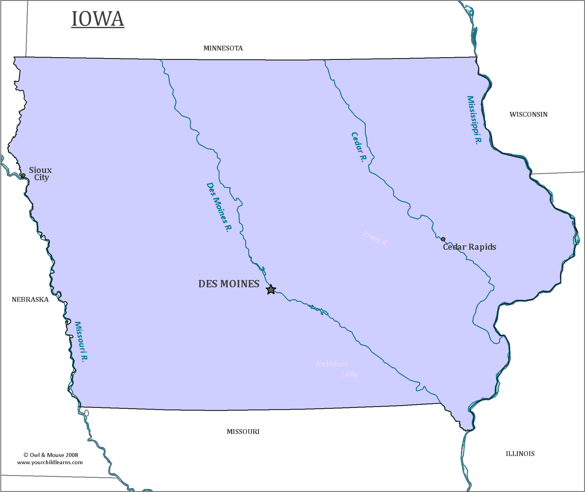 Map of Iowa, major cities, states and capitals