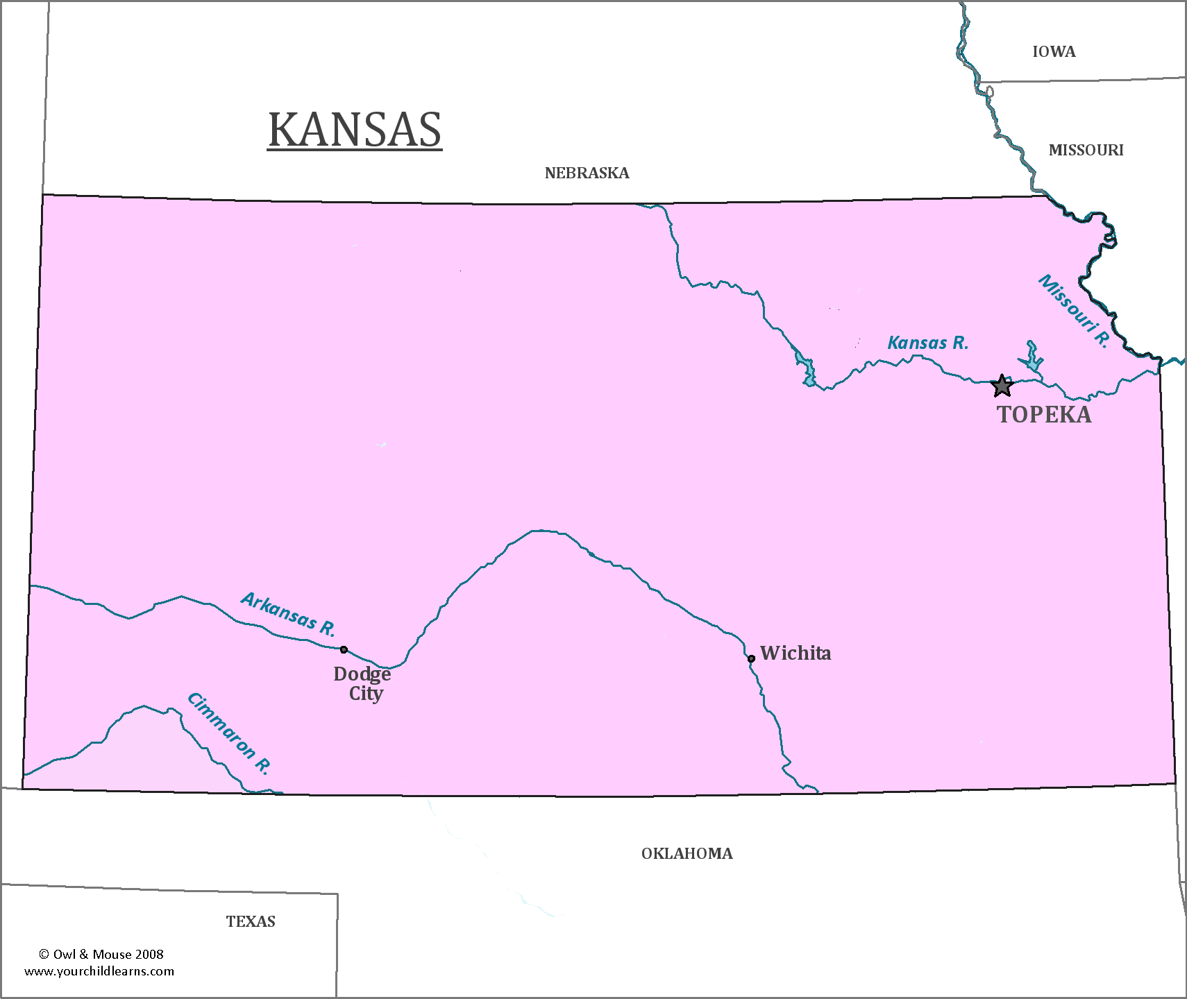 Map of Kansas, major cities, states and capitals