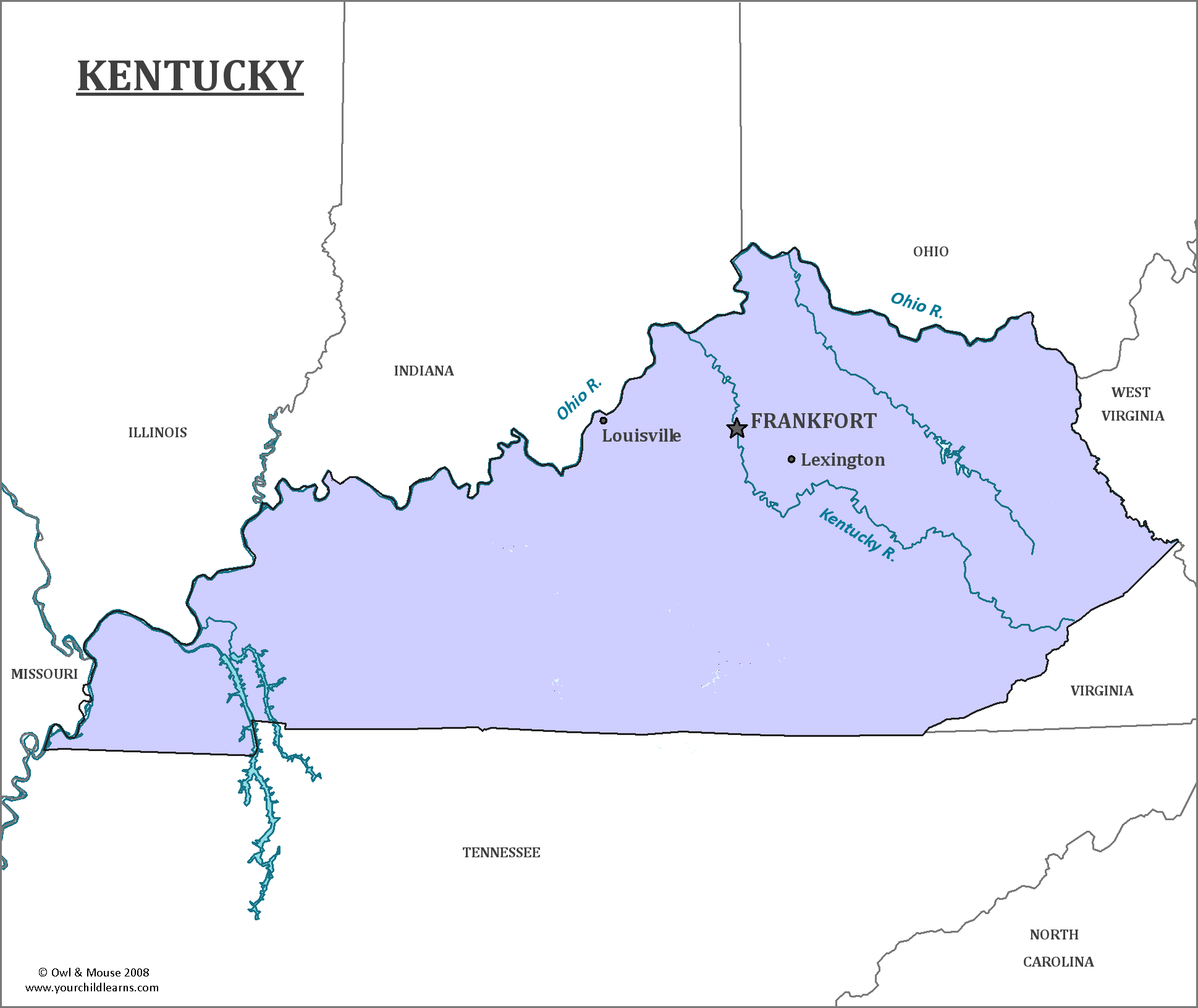 Map of Kentucky, major cities, states and capitals
