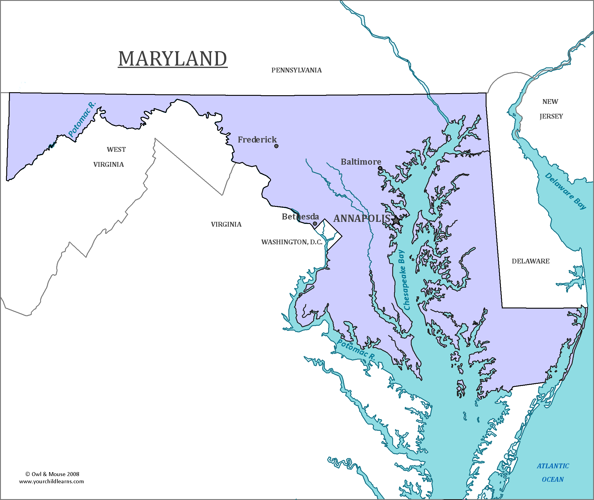Map of Maryland, major cities, states and capitals