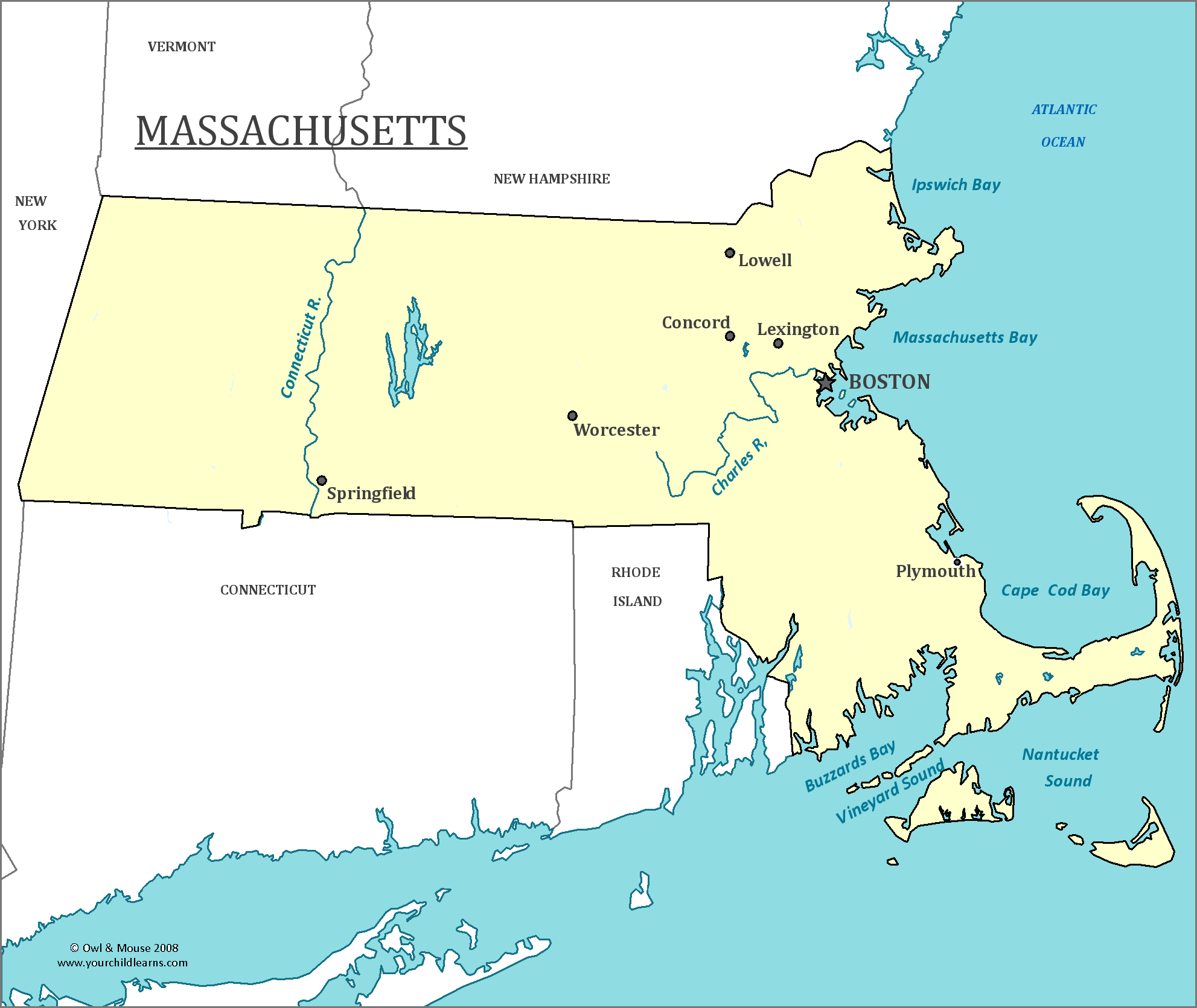 Map of Massachusetts, major cities, states and capitals