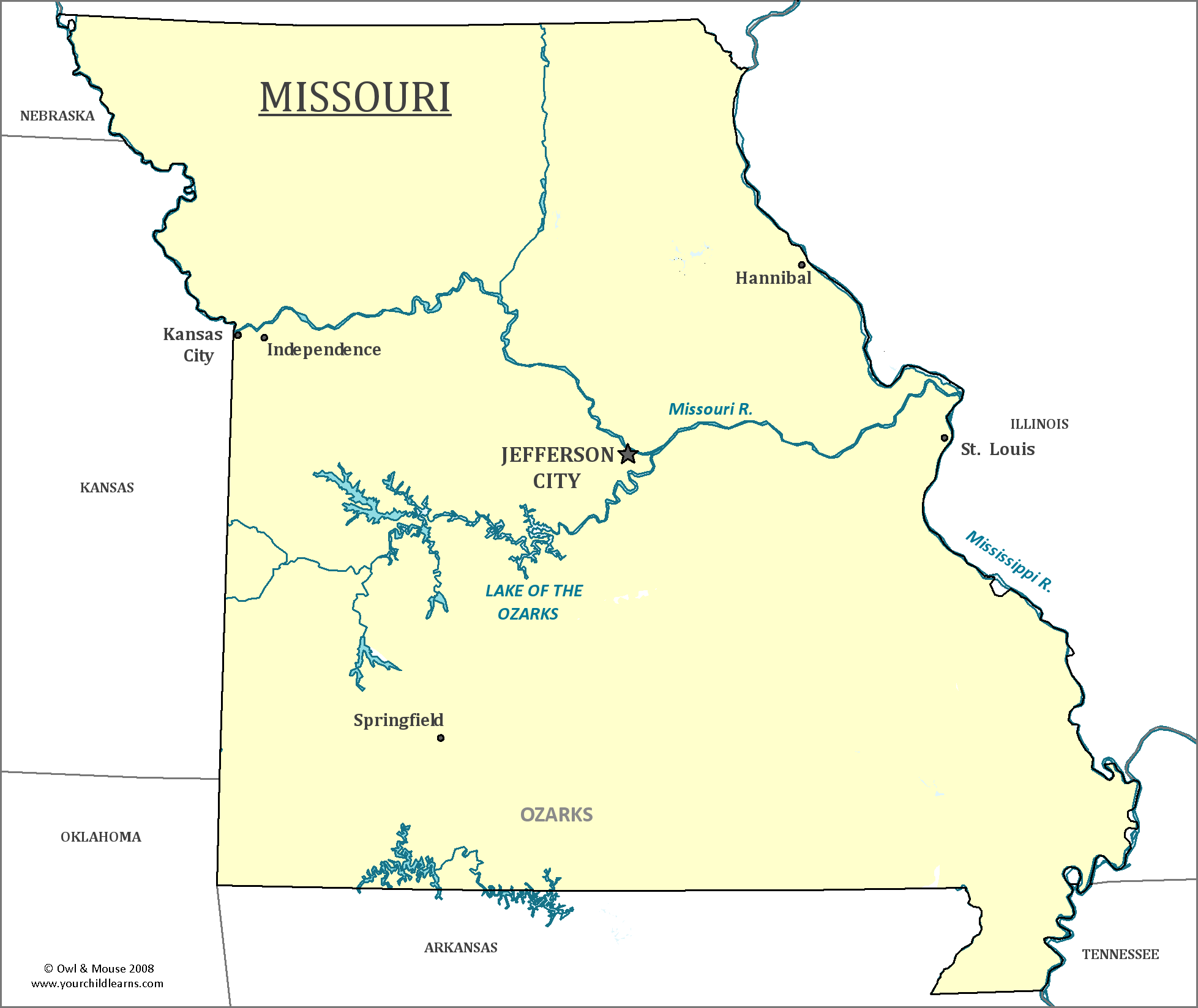 Map of Missouri, major cities, states and capitals
