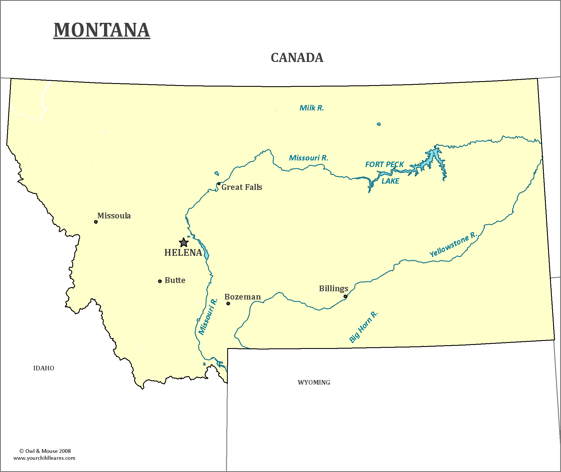 Map of Montana, major cities, states and capitals