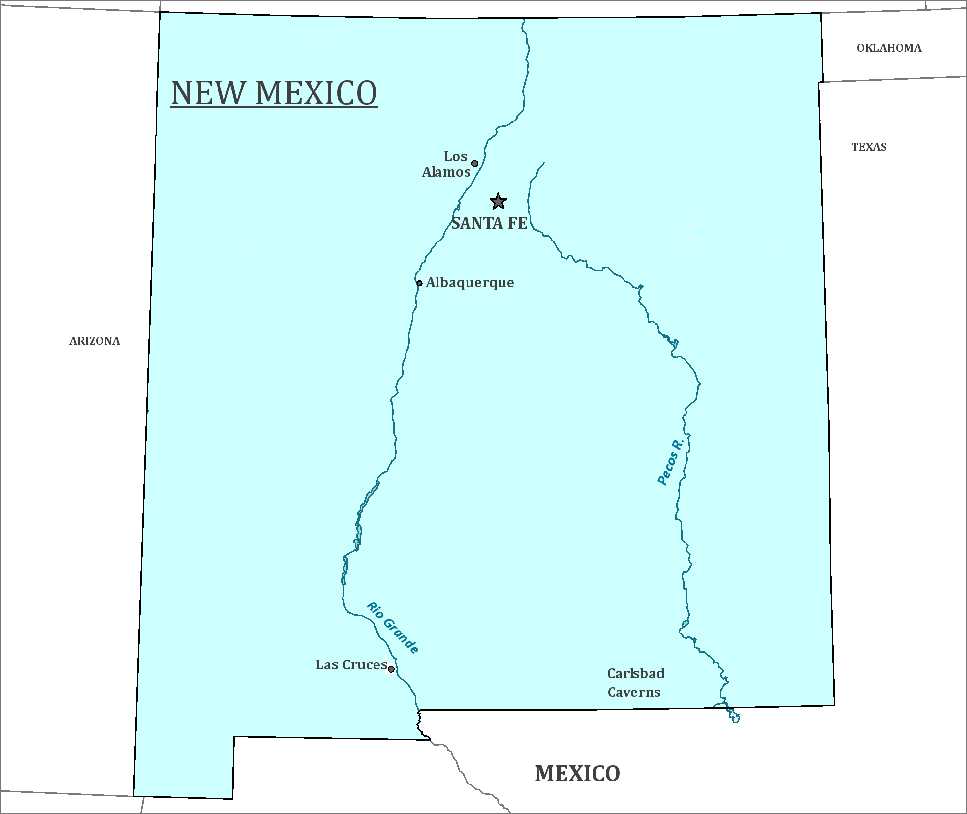 Map of New Mexico, major cities, states and capitals