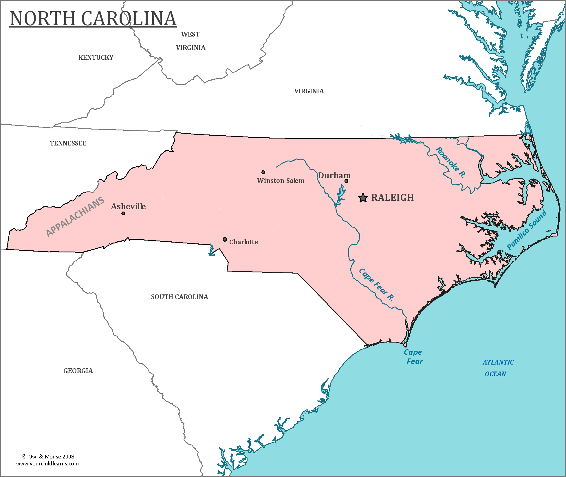 Map of North Carolina, major cities, states and capitals