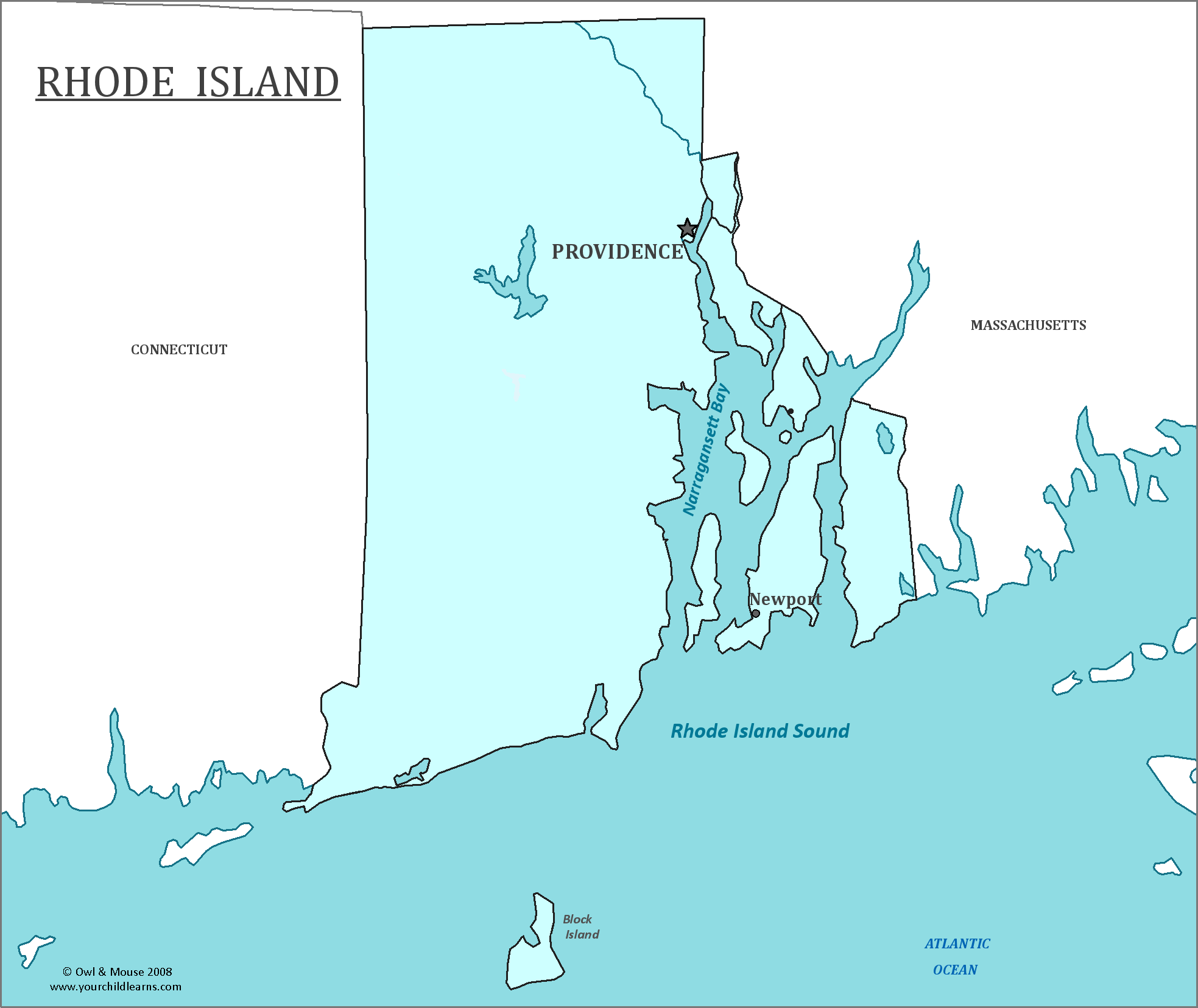 Map of Rhode Island, major cities, states and capitals