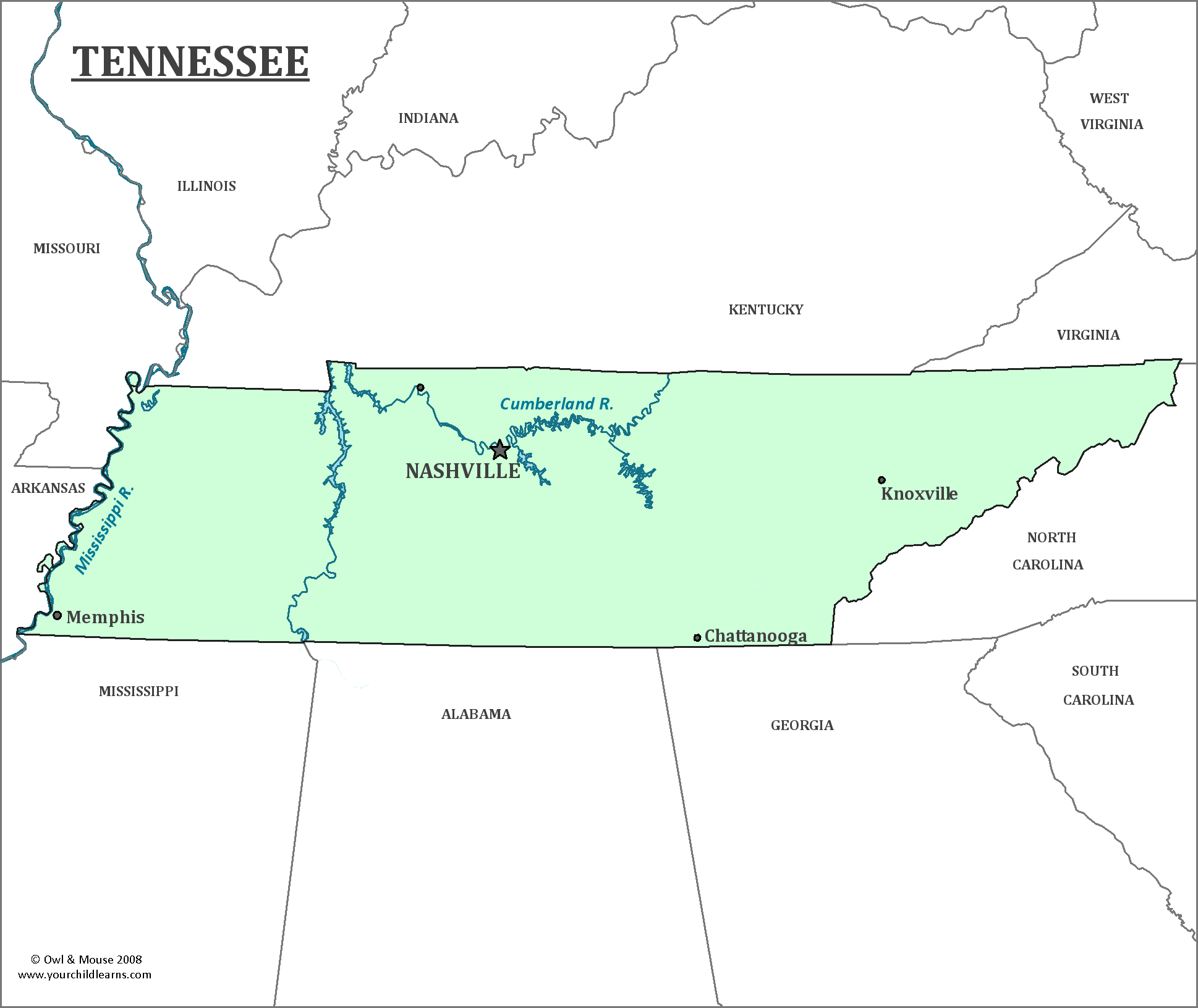Map of Tennessee, major cities, states and capitals
