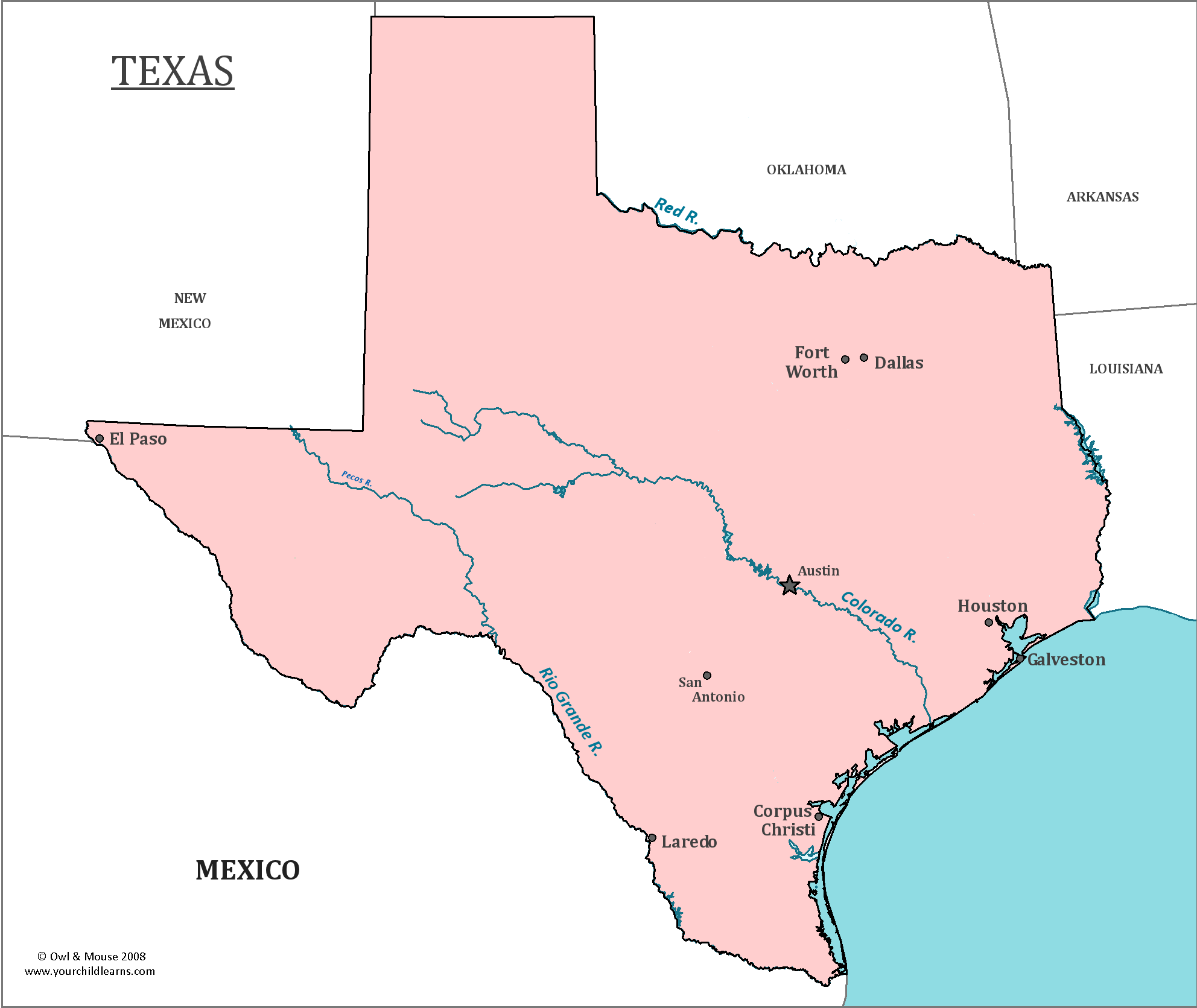 Map of Texas, major cities, states and capitals