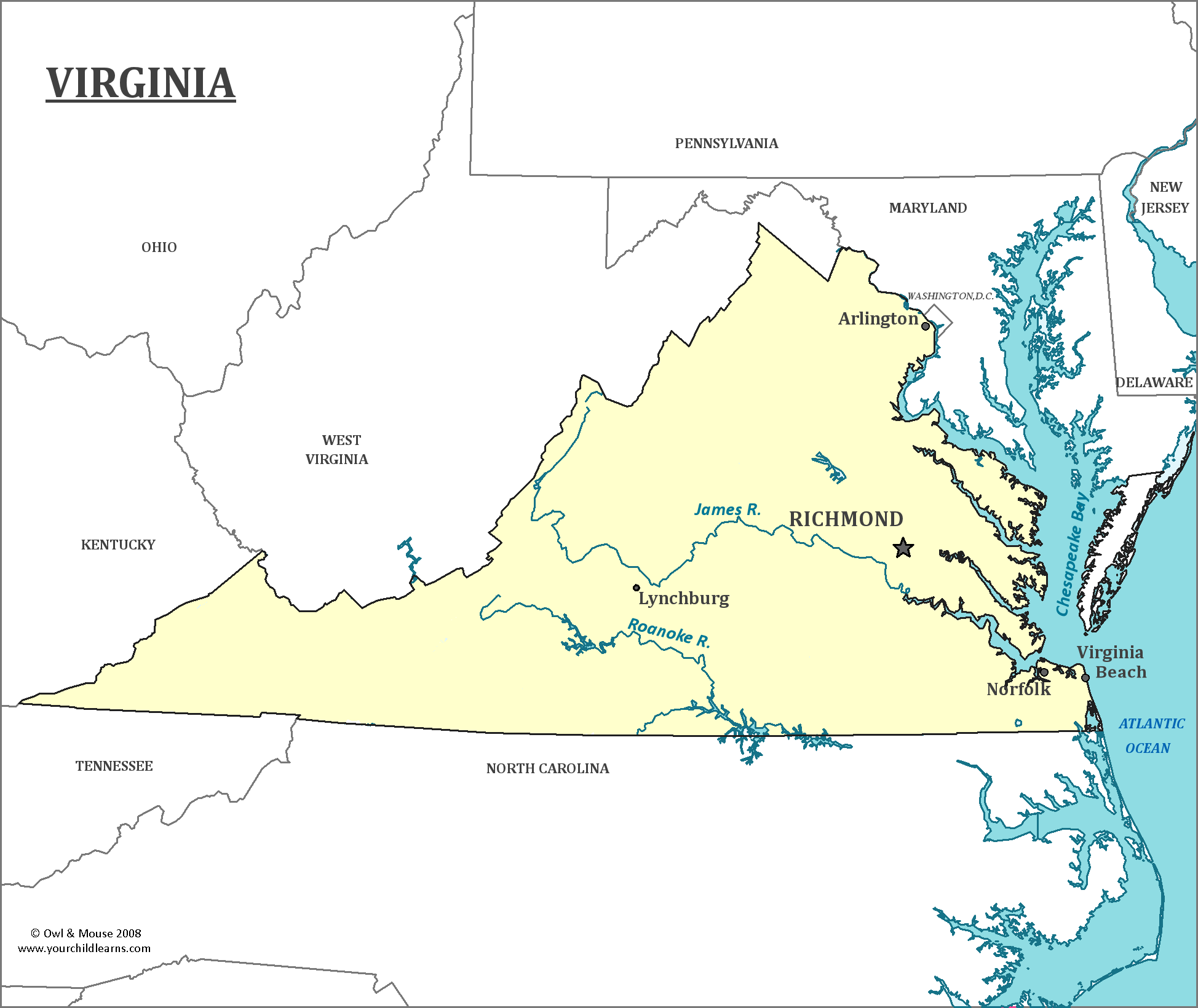 Map of Virginia, major cities, states and capitals