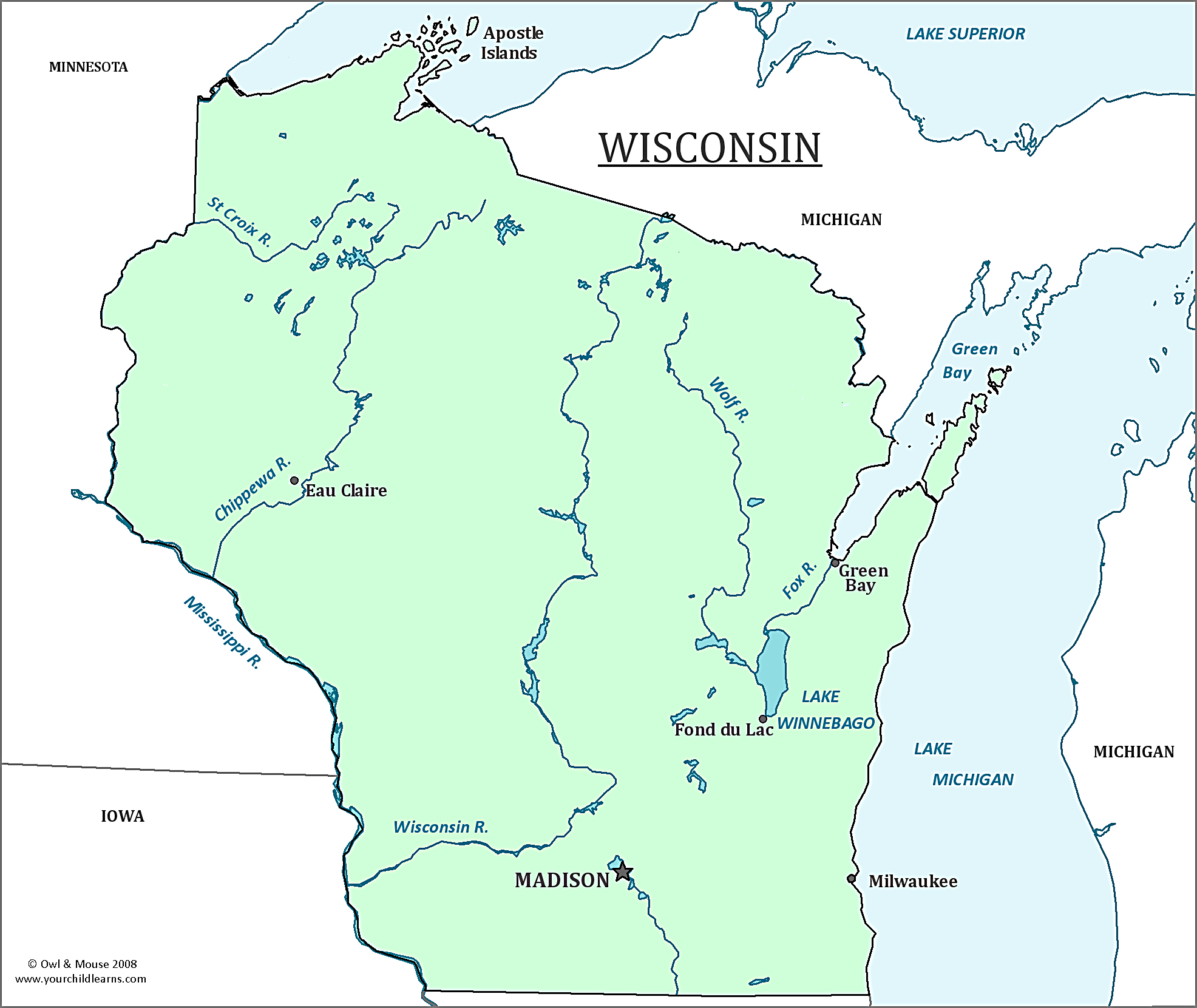 Map of Wisconsin, major cities, states and capitals