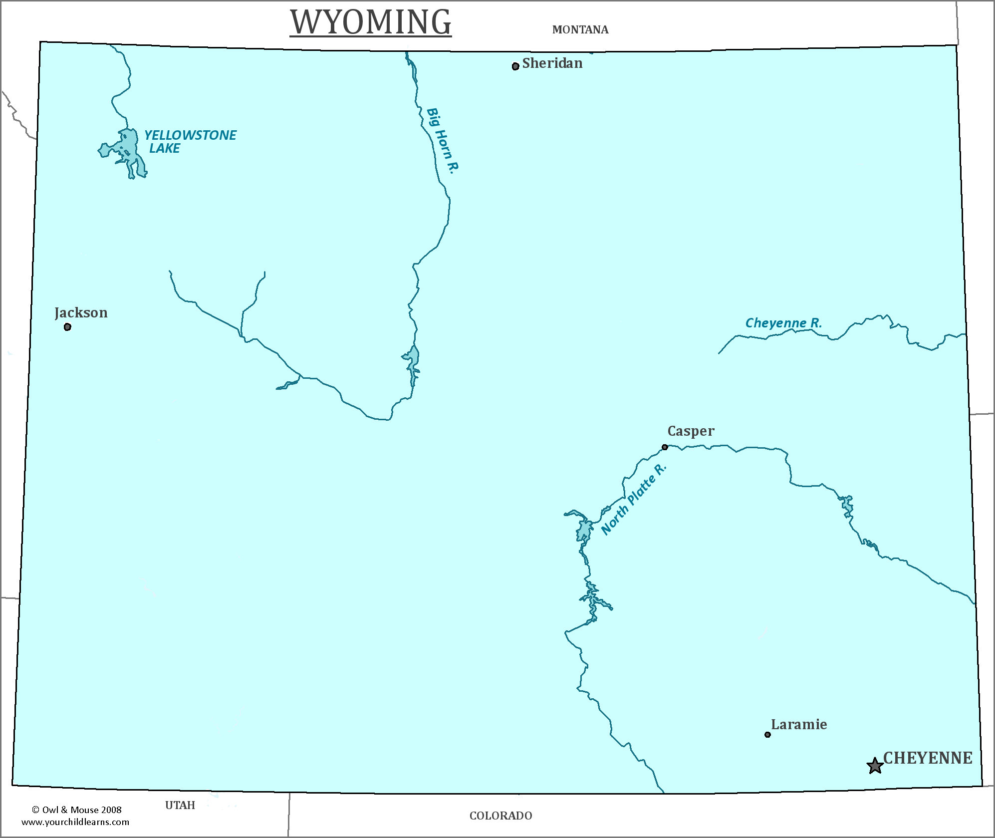 Map of Wyoming, major cities, states and capitals