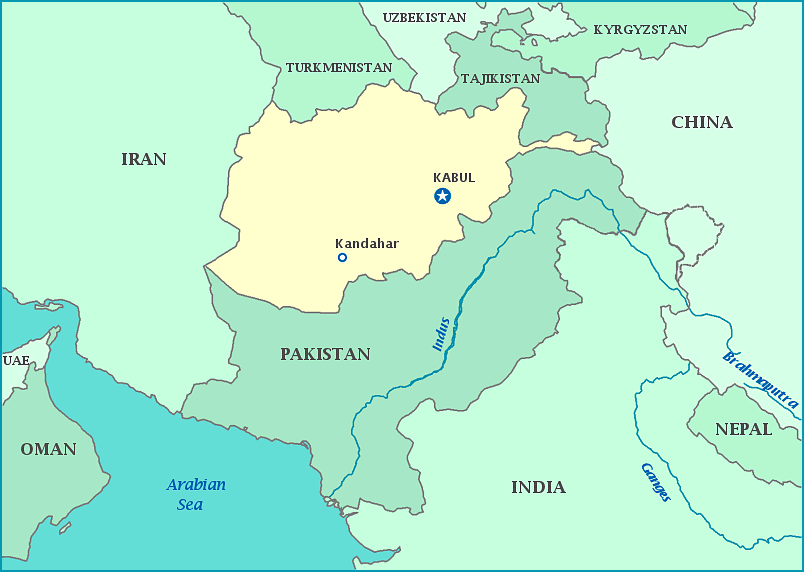 Map of Afghanistan, Turkmenistan, Uzbekistan, Tajikistan, Pakistan, Iran