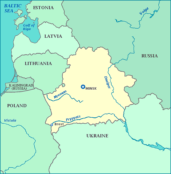 Map of Belarus, Lithuania, Latvia, Ukraine, Poland