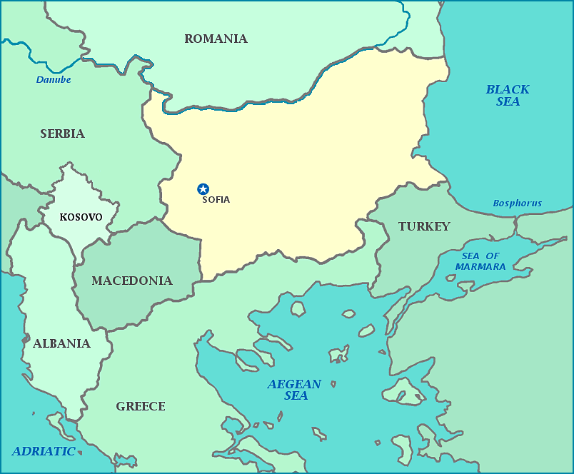 Map of Bulgaria, Serbia, Romania, Macedonia, Greece, Aegean Sea