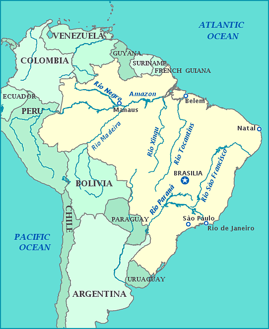 Map of Brazil, Venezuela, Guyana, Suriname, French Guiana, Uruguay, Argentina, Bolivia, Peru, Colombia, Atlantic Ocean