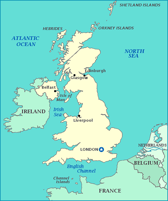 Map of United Kingdom, Ireland, France, Belgium, English Channel, North Sea