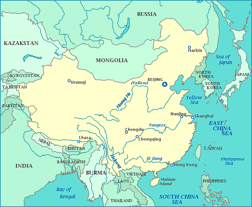 Map of China, Mongolia, North Korea, South Korea, Taiwan, Hong Kong, India, Russia, Burma