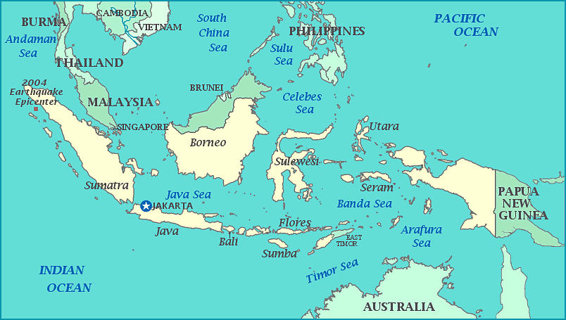 Map of Indonesia, Malaysia, Papua New Guinea, Australia, Singapore, Indian Ocean
