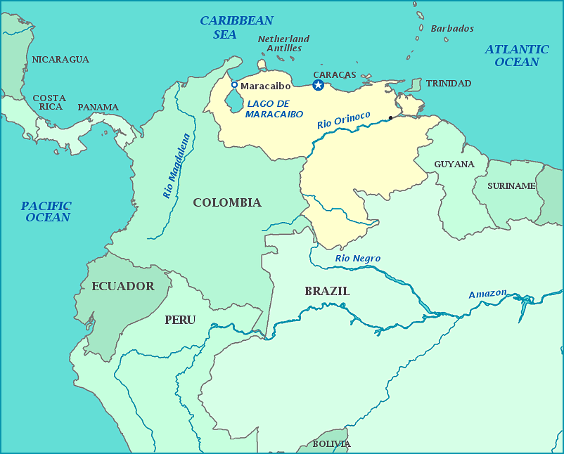 Map of Venezuela, Guyana, Suriname, Brazil, Colombia, Panama, Caribbean Sea, Atlantic Ocean