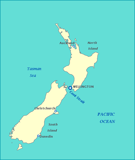 Map of New Zealand, Wellington, Tasman Sea, Pacific Ocean