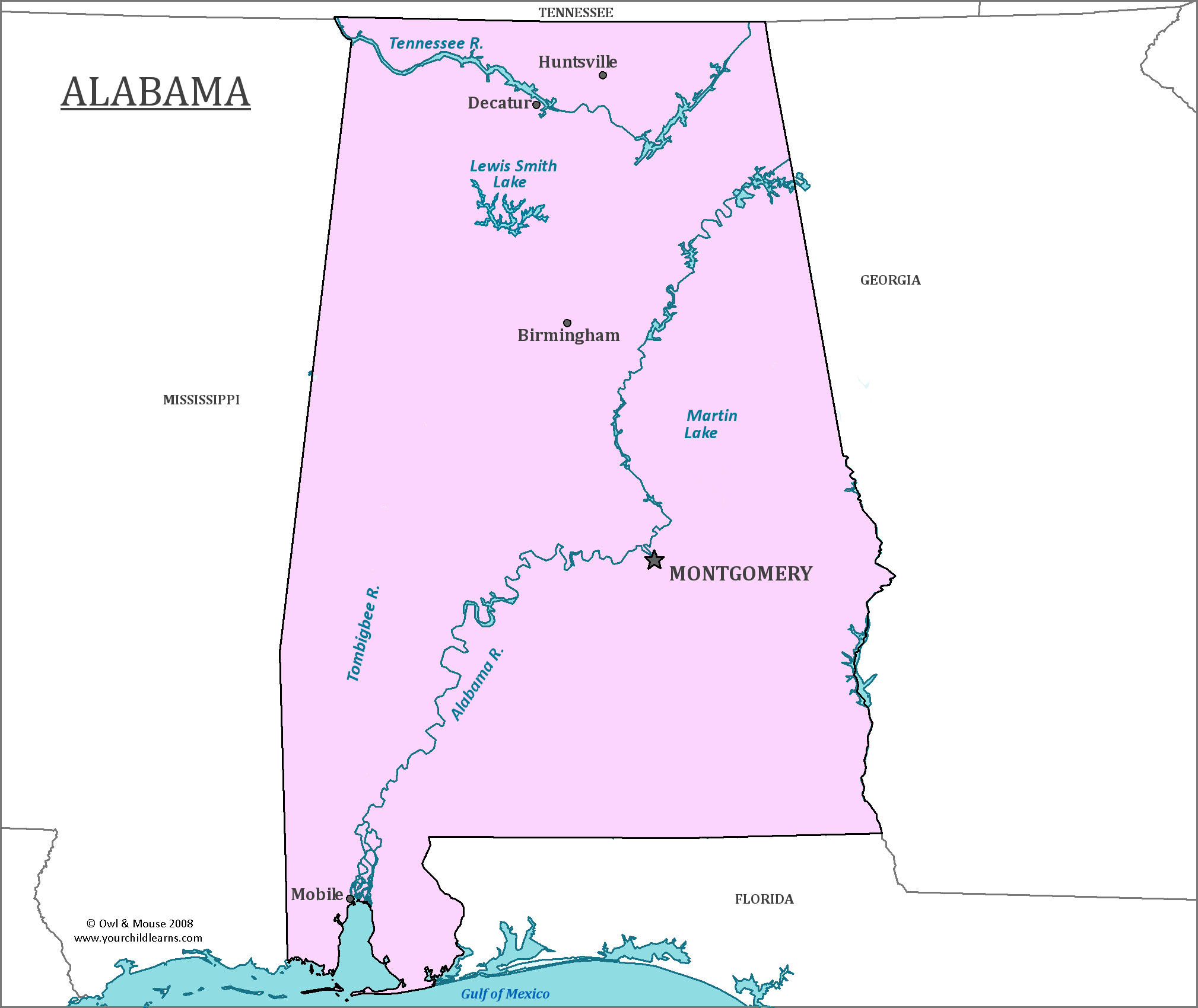 Map of Alabama, major cities, states and capitals