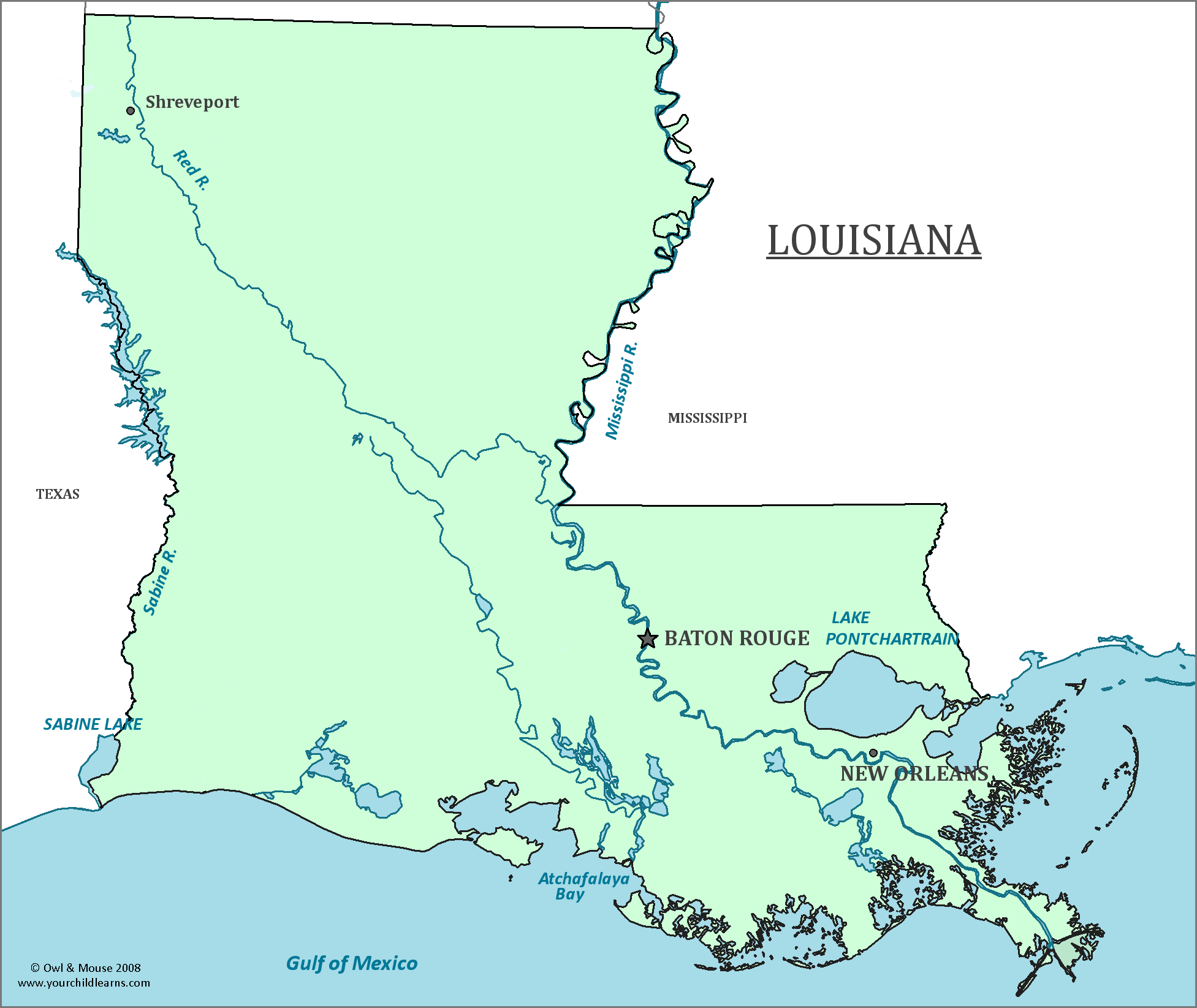 Map of Louisiana, major cities, states and capitals