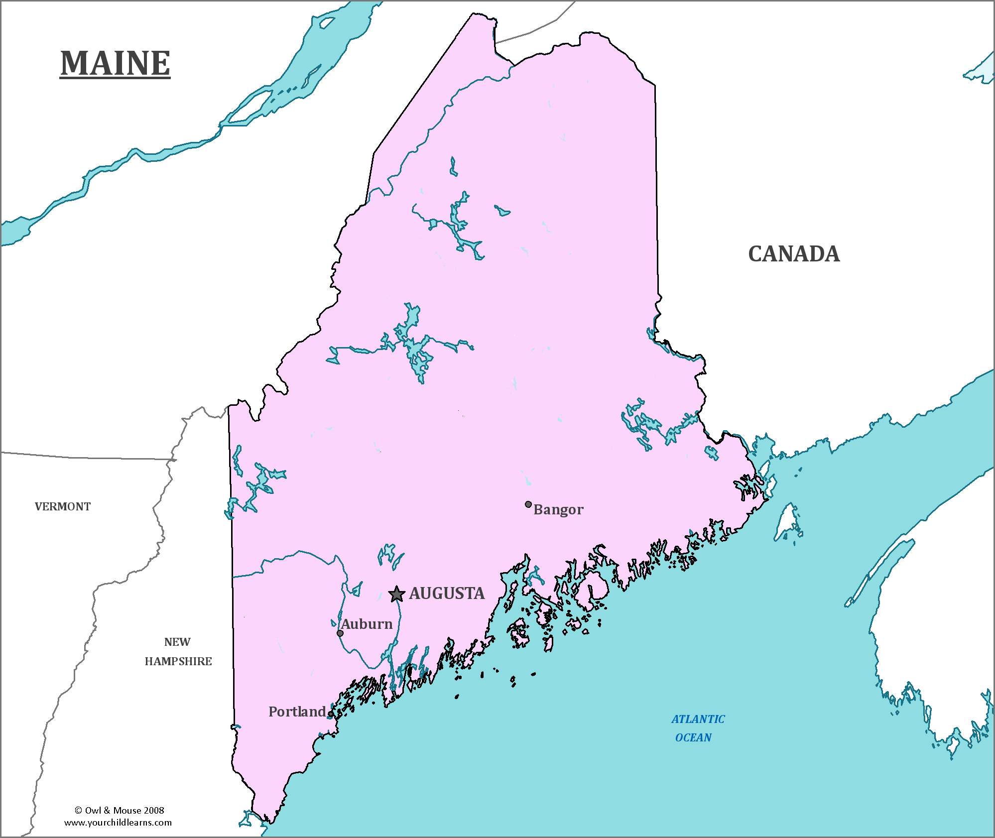 Map of Maine, major cities, states and capitals