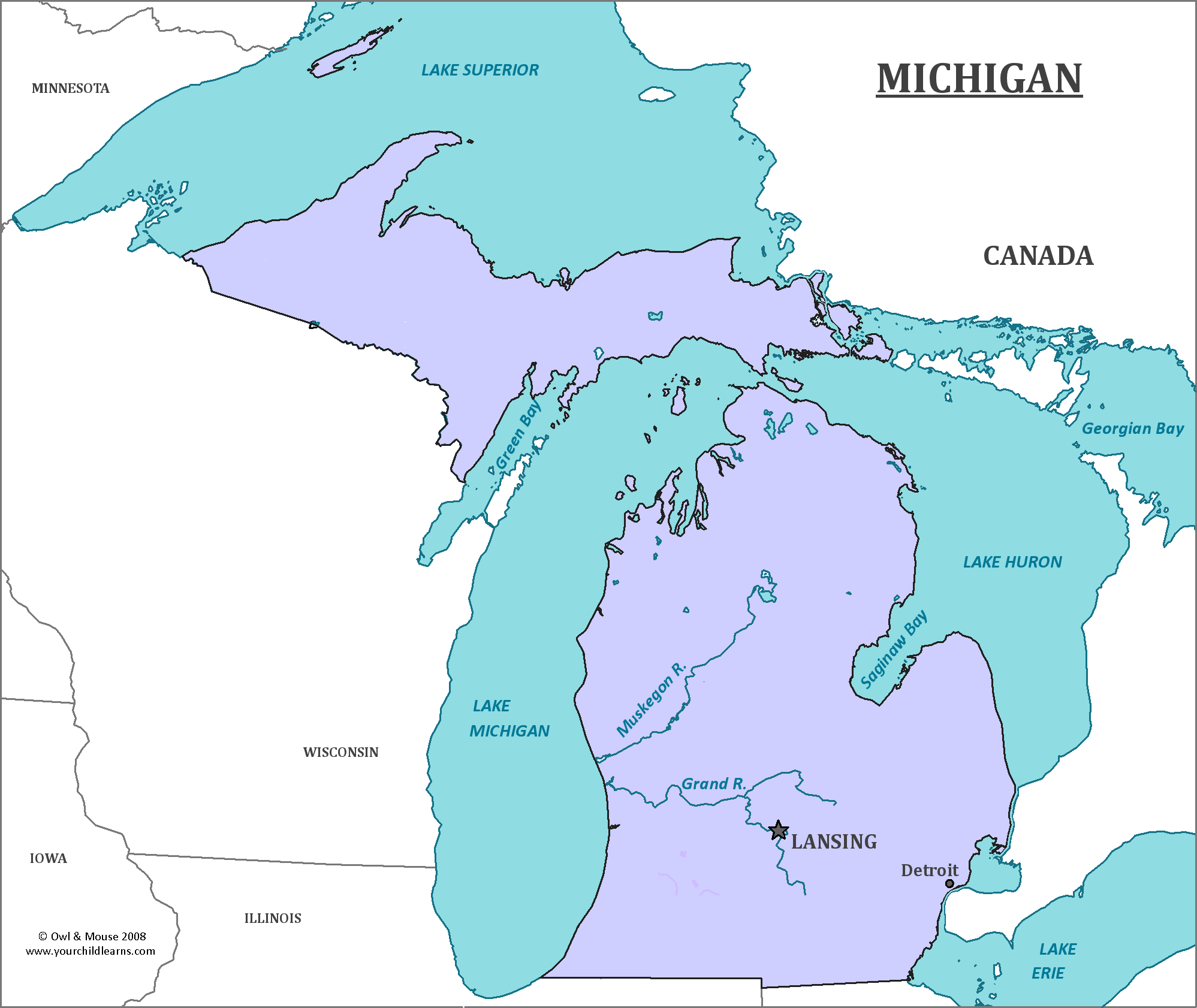 Map of Michigan, major cities, states and capitals
