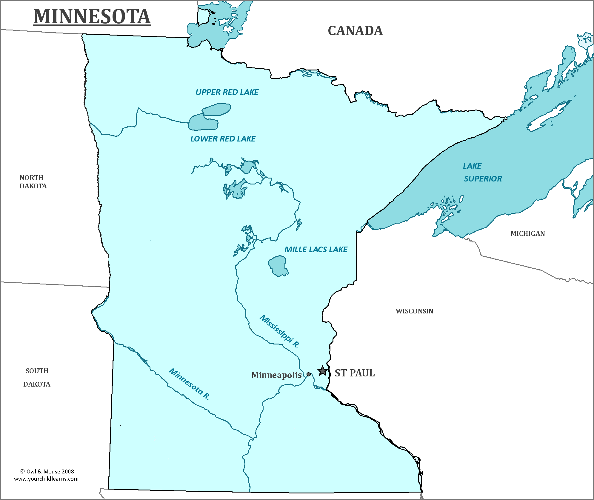 Map of Minnesota, major cities, states and capitals
