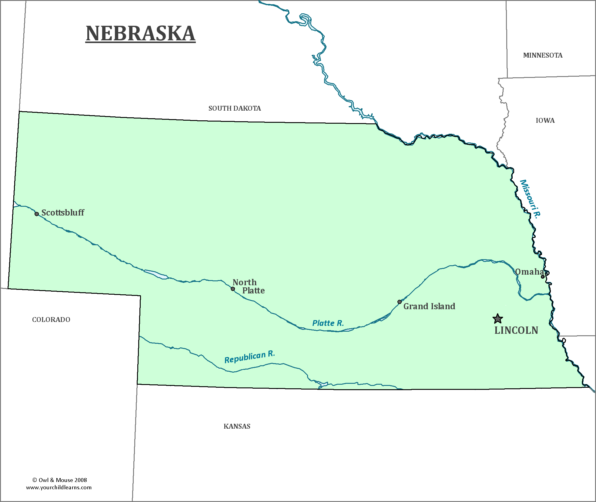 Map of Nebraska, major cities, states and capitals