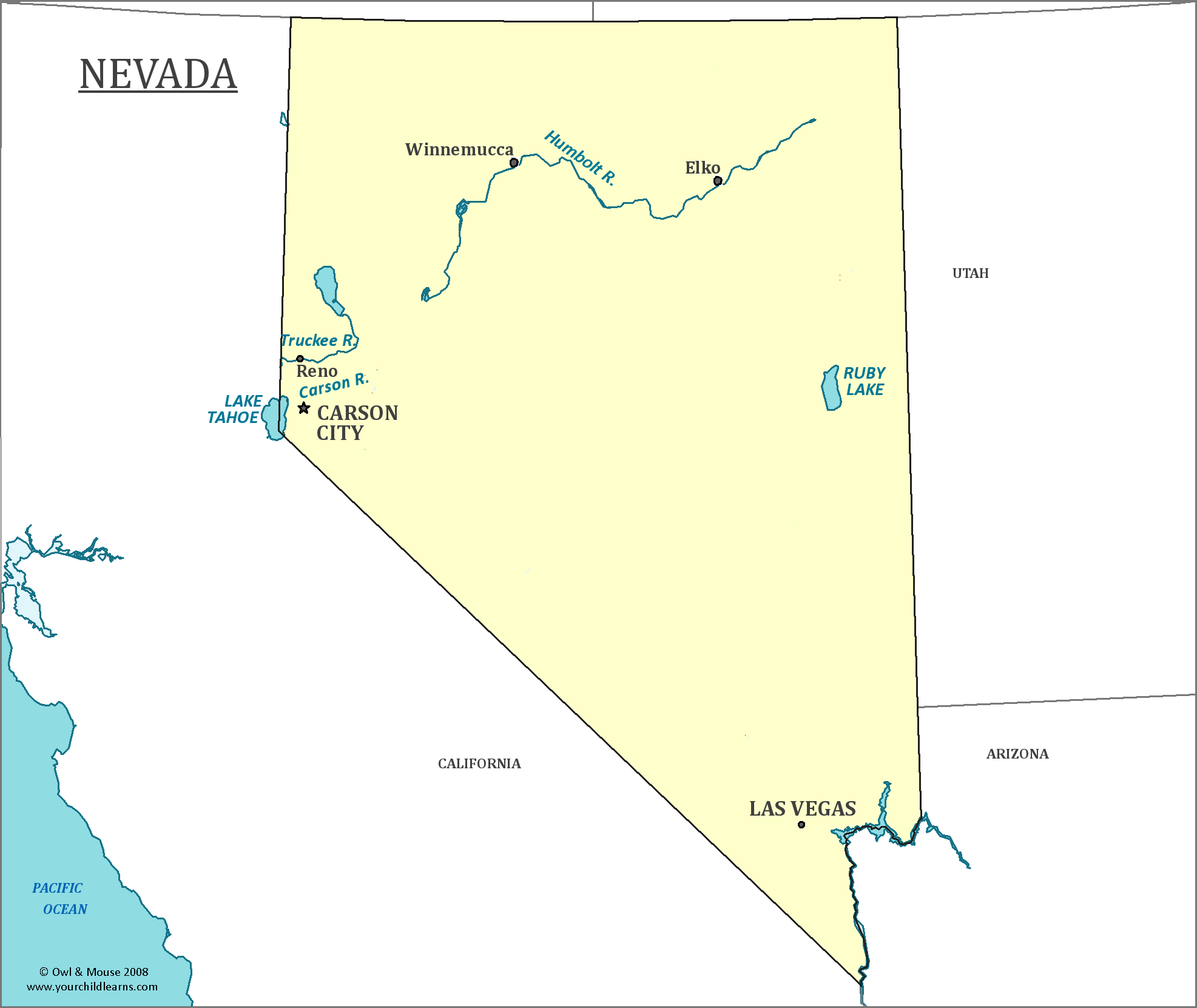 Map of Nevada, major cities, states and capitals
