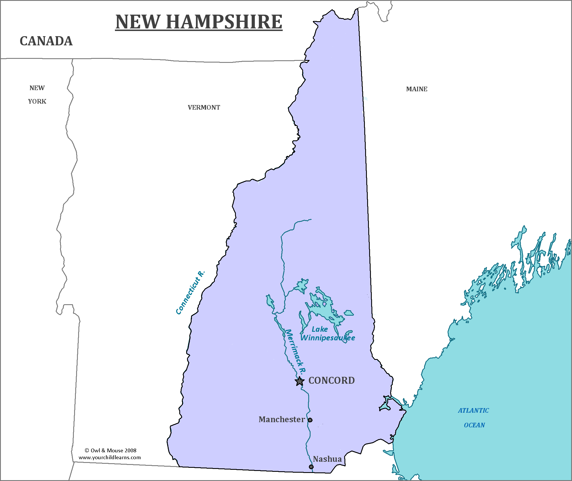 Map of New Hampshire, major cities, states and capitals