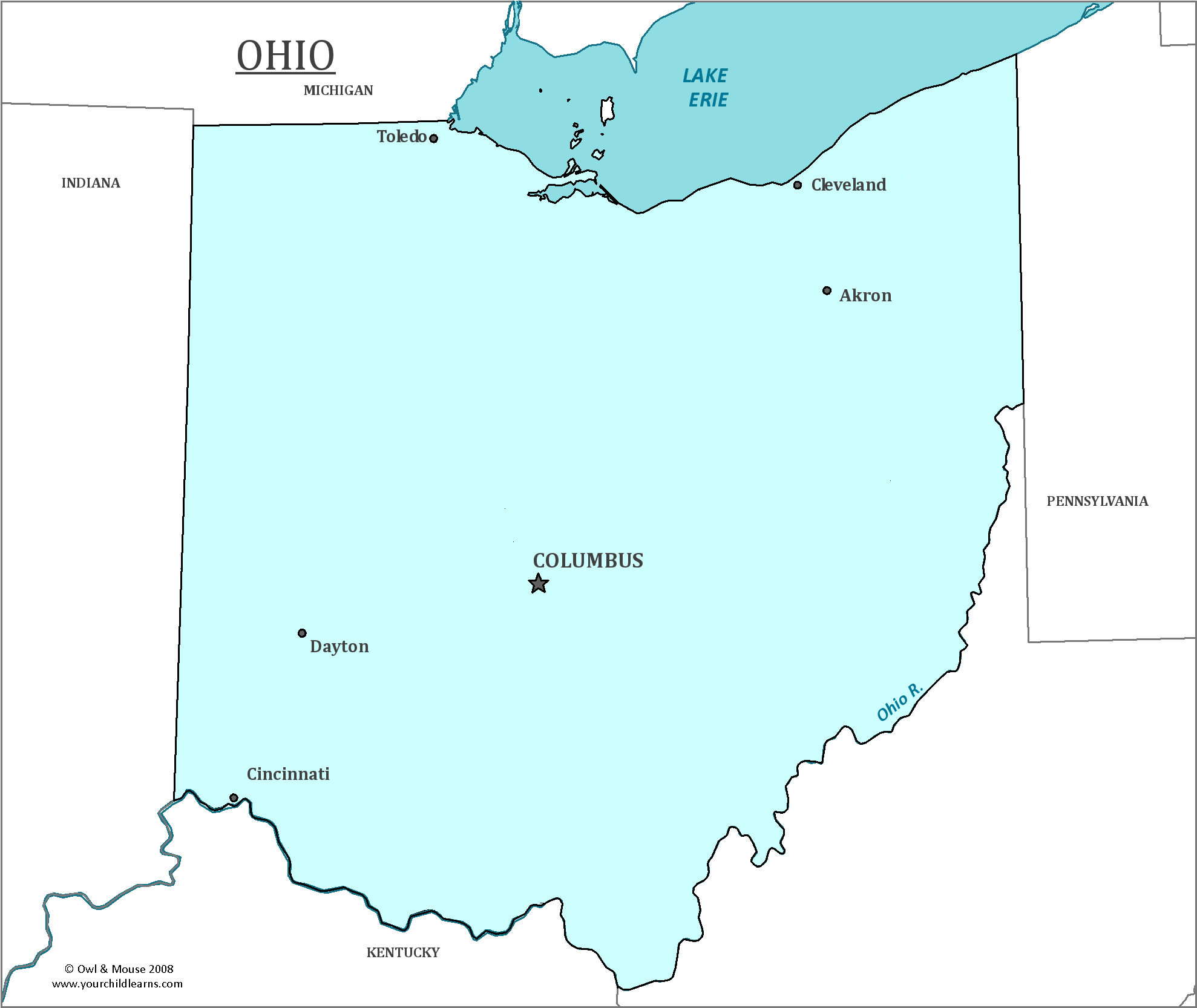 Map of Ohio, major cities, states and capitals