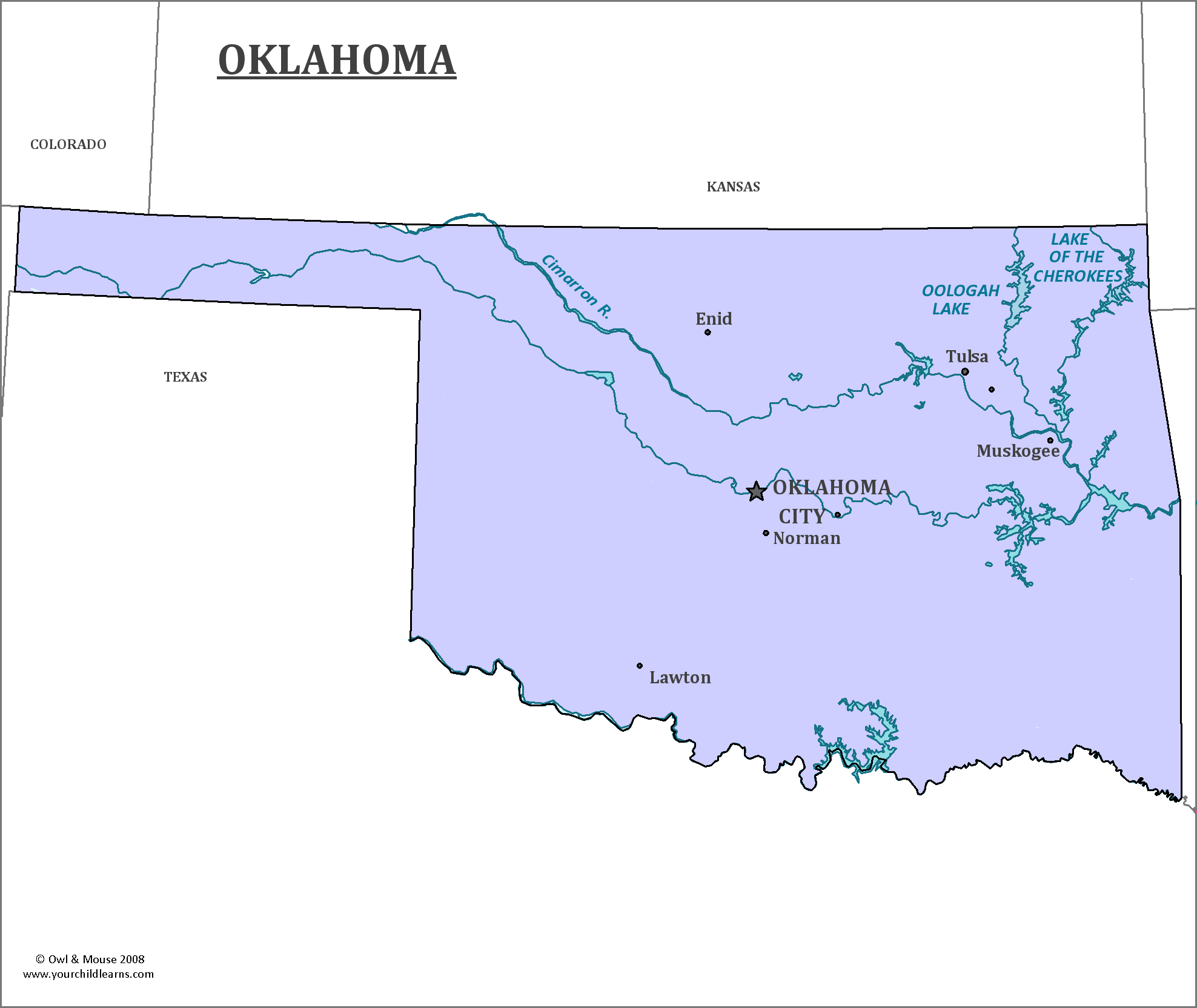 Map of Oklahoma, major cities, states and capitals