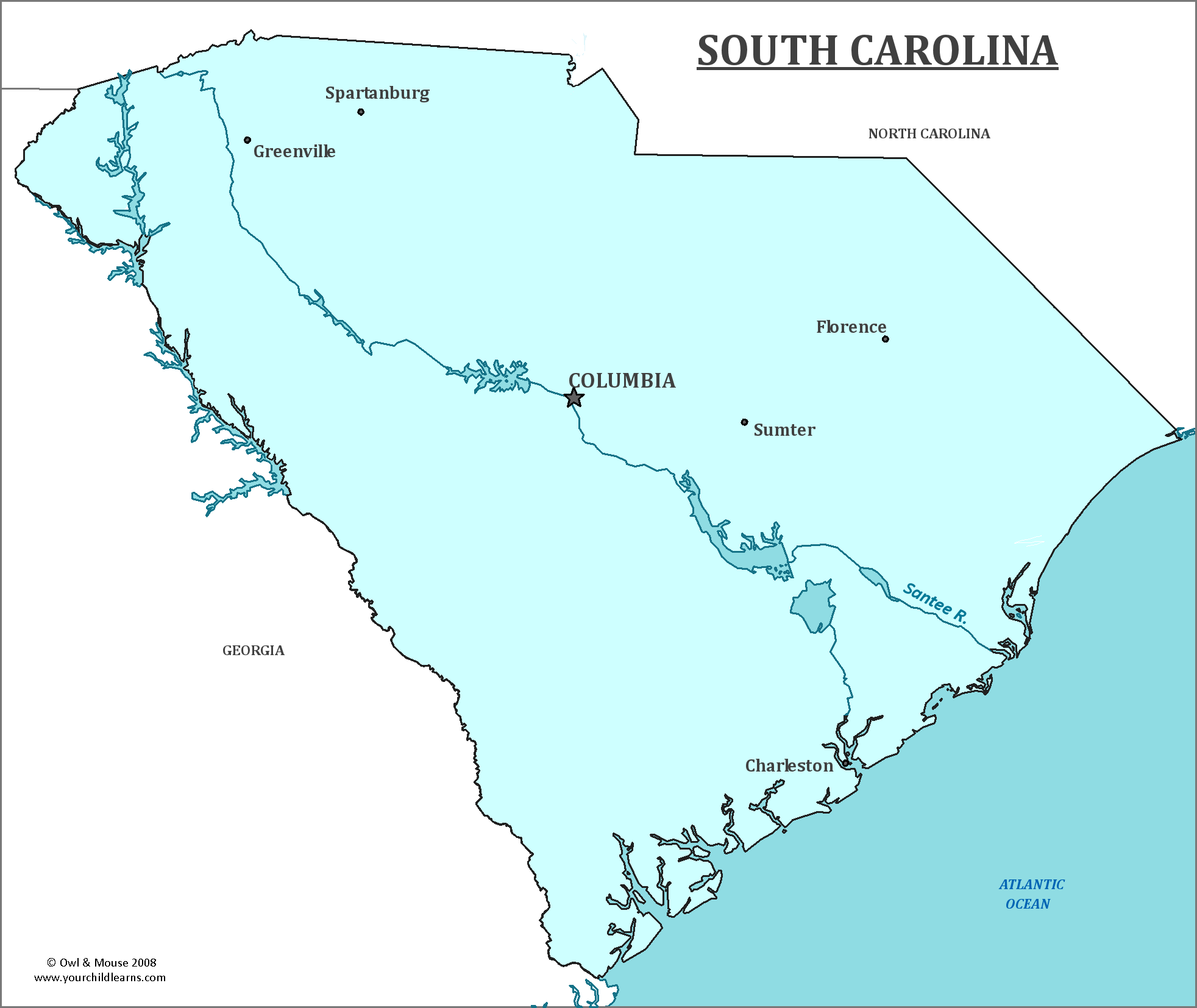 Map of South Carolina, major cities, states and capitals