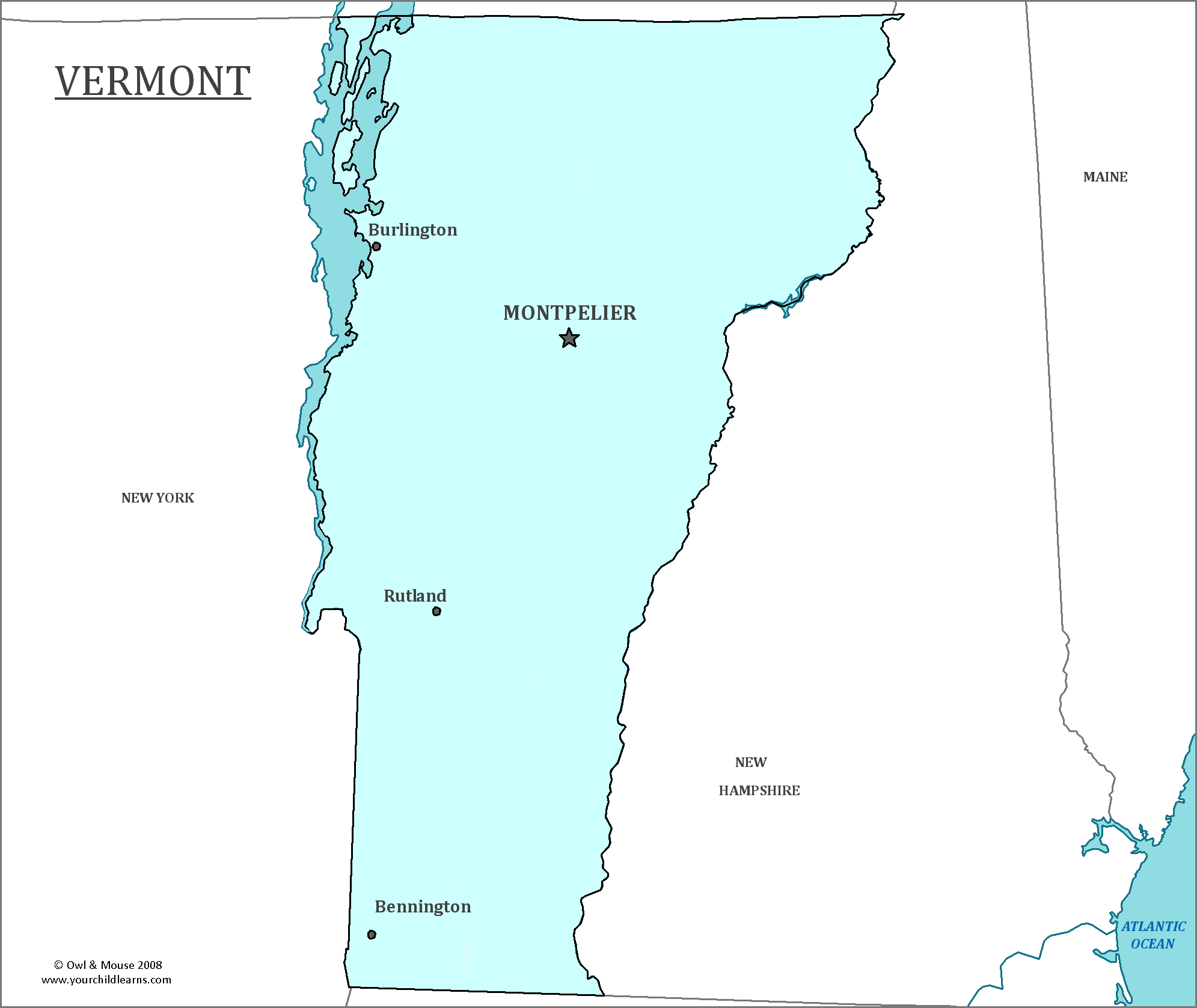 Map of Vermont, major cities, states and capitals
